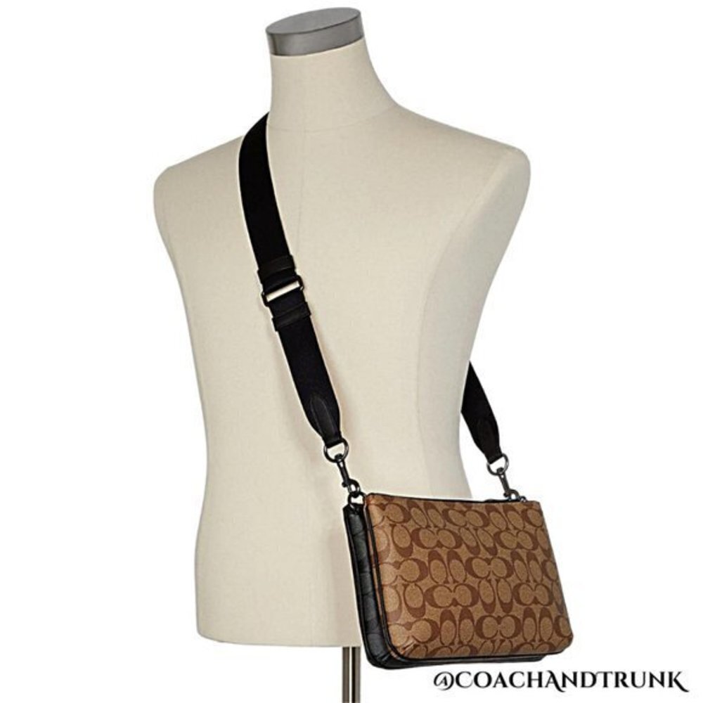 COACH 2PC Everett Crossbody Dbl Sided Charcoal Khaki / Khaki Red & Card Case NWT - Picture 11 of 16
